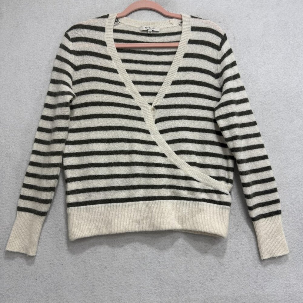 Madewell Sweater Womens Small White Gray Stripe Wrap V Neck Raglan Knit Pullover